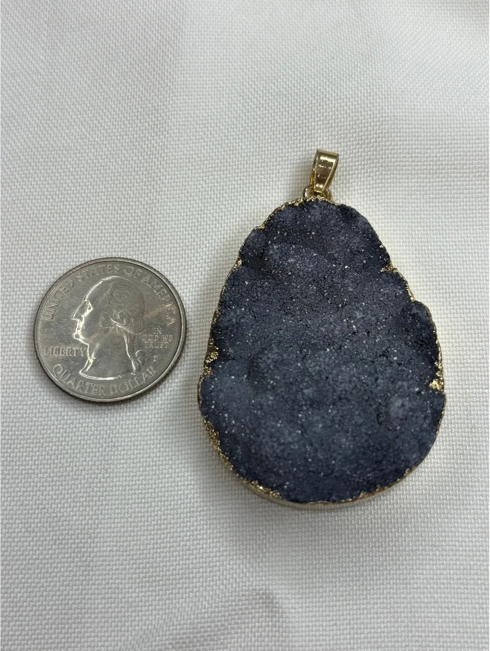 Natural Black Druzy Geode Pendant with Gold Trim